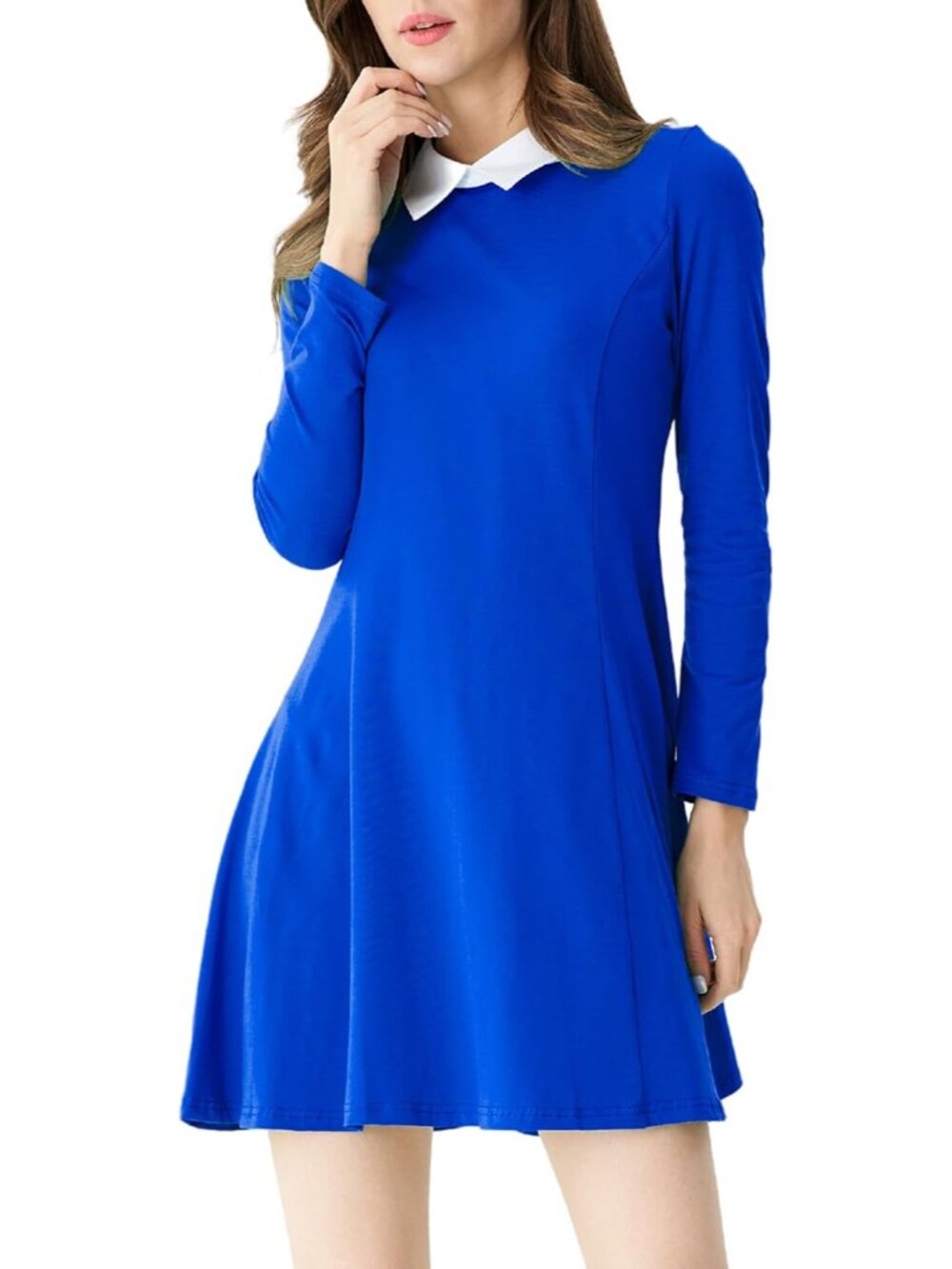 Women's Blue Long Sleeve Peter Pan Collar A Line Fit & Flare Skater Goth Dress